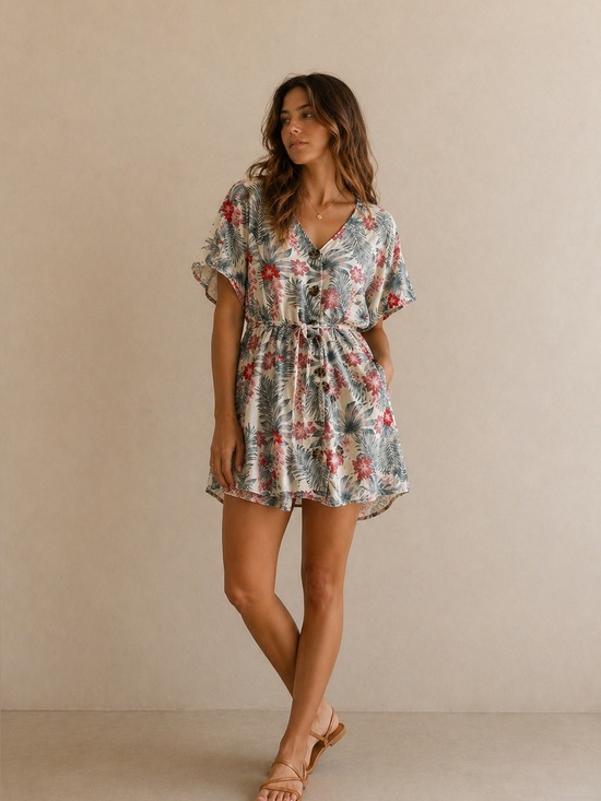 Hurley Dresses & Skirts - Hurley Floral V-Neck Drawstring Waist Romper in Cream & Green